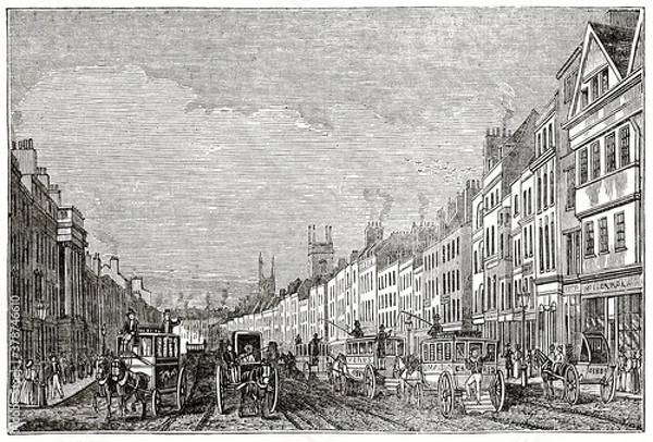 Obraz Large London old street walked by carriages with long building line in background. Holborn from Middle Row. Ancient engraving style art by unidentified author, The Penny Magazine, London 1837