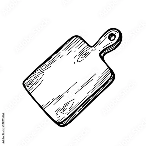 Obraz Kitchen tools wooden cutting board. Line art vector illustration isolated on white background. Cooking utensil. Chopping desk vector object for design, labels and logo.