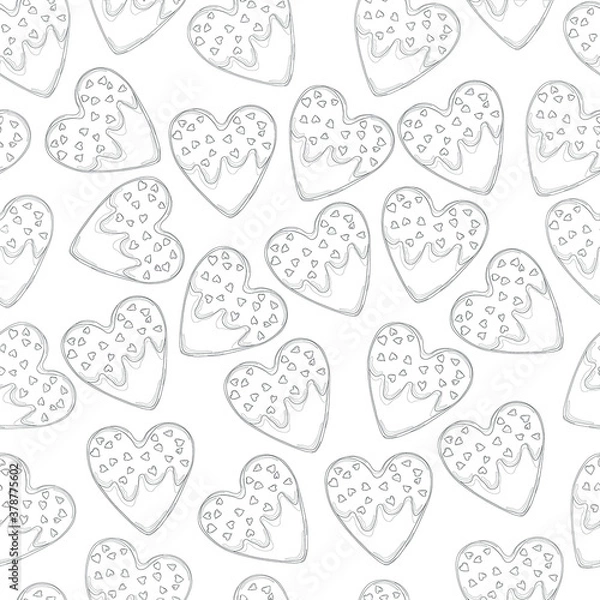 Fototapeta Heart shape ginger cookies with frosting and little heart sprinkles seamless pattern in black and white. Vector illustration for St. Valentine's day for games, background, pattern, decor.Coloring book