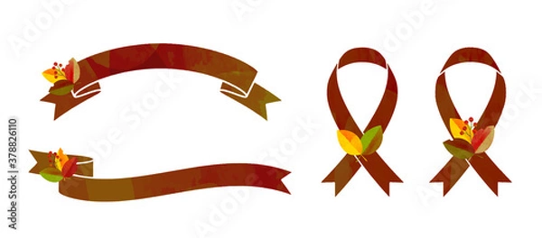 Fototapeta 秋_バイカラーの紅葉した葉っぱと木の実とオレンジリボン_水彩＆切り絵風イラスト_セット