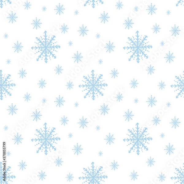 Fototapeta Seamless pattern with blue snowflakes, hand drawn on a white background