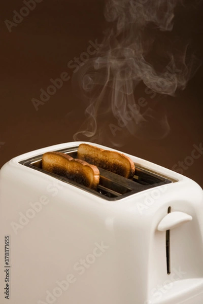 Fototapeta Smoke emerging from a burnt toast in toaster