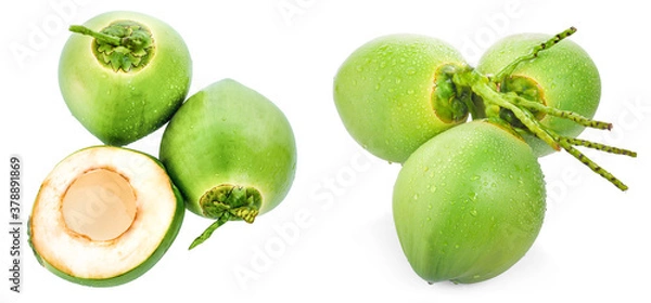 Fototapeta water drop green coconut isolated on white background