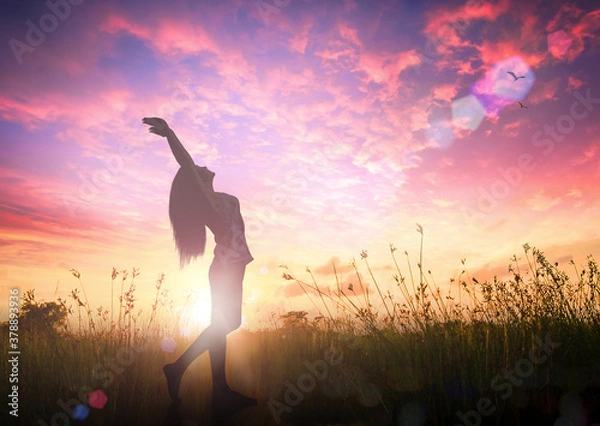 Obraz Indywidualna koncepcja dnia praw człowieka: sylwetka zdrowej kobiety podniosła ręce na chwałę i uwielbienie Boga na tle jesiennej łące o zachodzie słońca