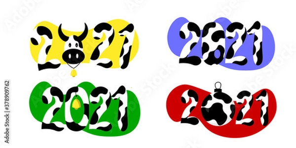 Fototapeta 2021 Happy New Year text children design.   Spotted numbers like black and white cow pattern. Symbol winter holiday in kids flat style. 