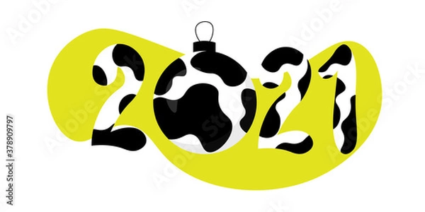 Fototapeta 2021 Happy New Year text children design.   Spotted numbers like black and white cow pattern. Symbol winter holiday in kids flat style. 