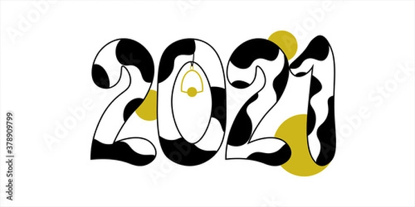 Fototapeta 2021 Happy New Year text children design.   Spotted numbers like black and white cow pattern. Symbol winter holiday in kids flat style. 