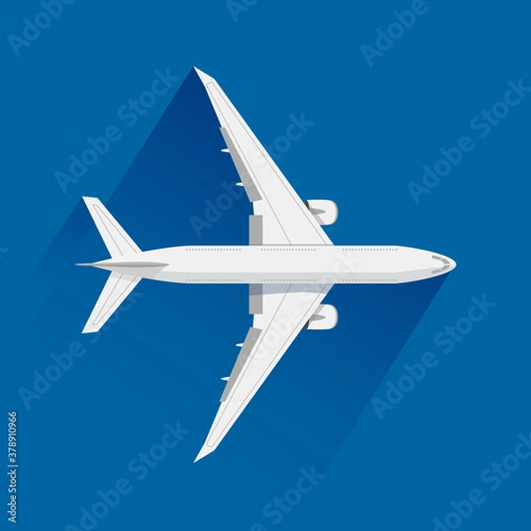 Fototapeta An airplane on blue background, vector illustration, flat design. Plane, top view.
