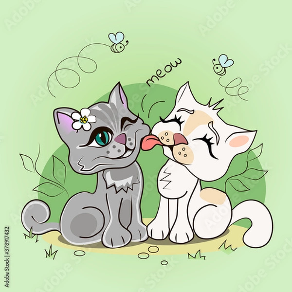 Fototapeta Vector blank for Valentine's Day; couple of cats in love in nature, love of a cat and a cat, happy together, template for creativity, print.
