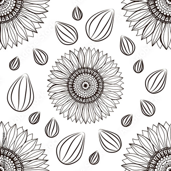 Fototapeta Sunflower vector pattern, endless contour flowers and seeds for creativity, repeating contour flowers for any background, floral motif illustration for clothes prints, floral pattern for wedding 