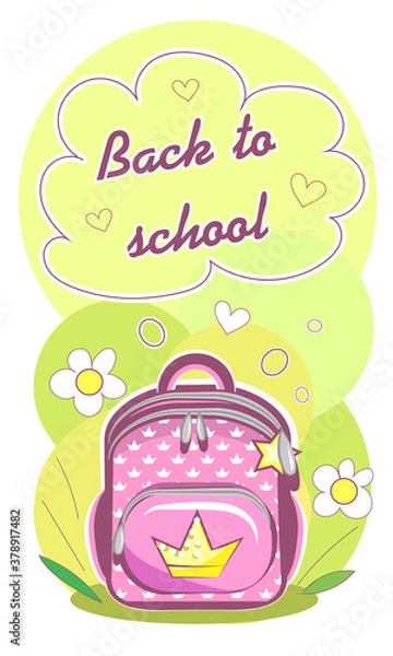 Fototapeta Vector image of a child's backpack in the background, a pink bag for a girl, back to school with a backpack, a backpack in the meadow, blank for school theme design, flyer, advertising