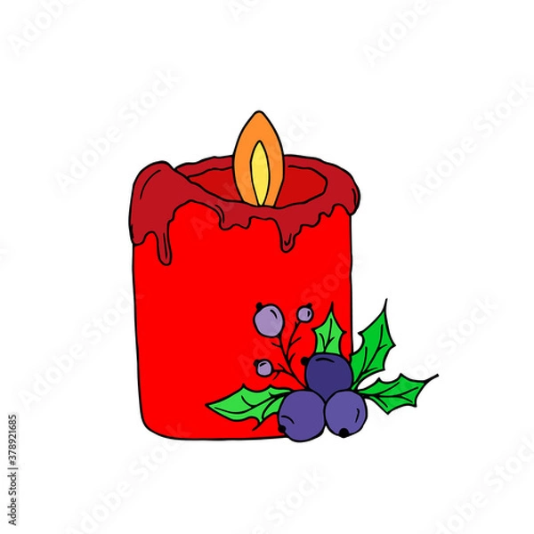 Obraz Vector red burning candle with holly berries isolated on a white background. Aroma candles. Candles for a festive, romantic, Christmas dinner.	