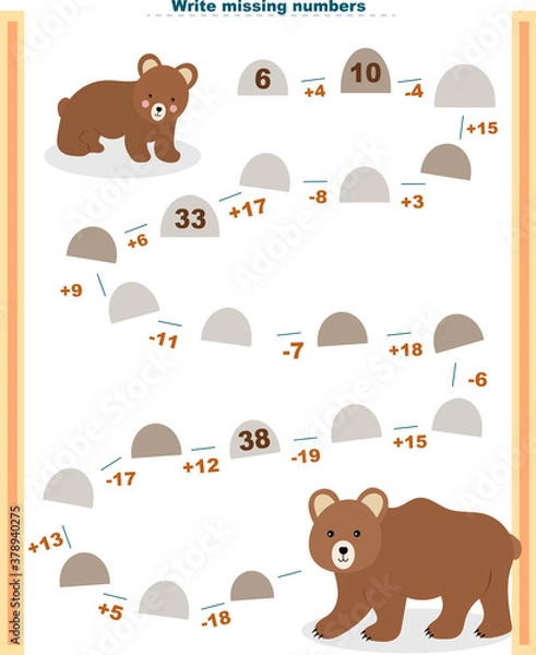 Fototapeta Math educational games for children. Fill in the line, fill in the missing numbers. math activity for schoolchildren
