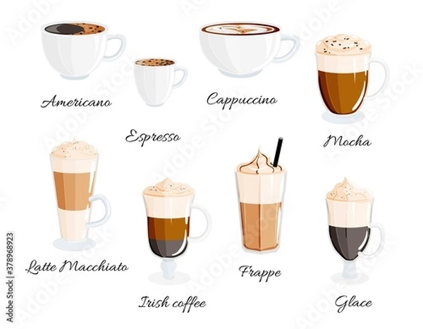 Obraz Vector set of coffee types glasses americano, frappe, espresso, cappuccino, glace, irish, macchiato, latte, mocha. Coffee menu illustration, poster