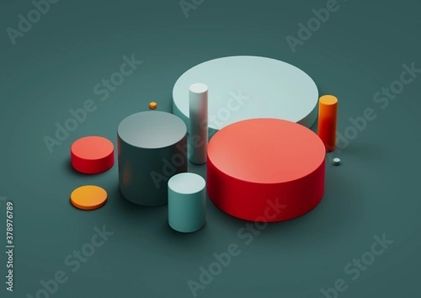 Obraz Streszczenie renderowania 3D, kompozycja z kolorami pomarańczowym, czerwonym, gree i światła. Figury geometryczne.