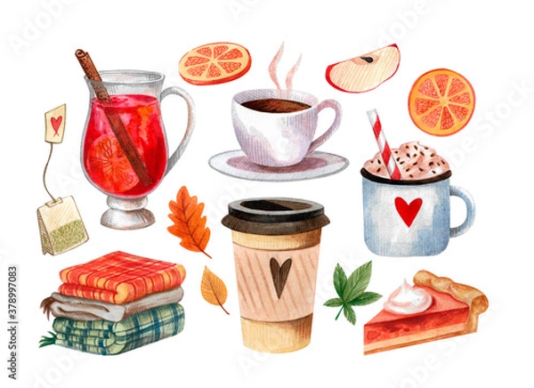 Fototapeta Warm cozy autumn watercolor clipart isolated on white background. coffee tea autumn leaves mulled wine apple pumpkin book candle