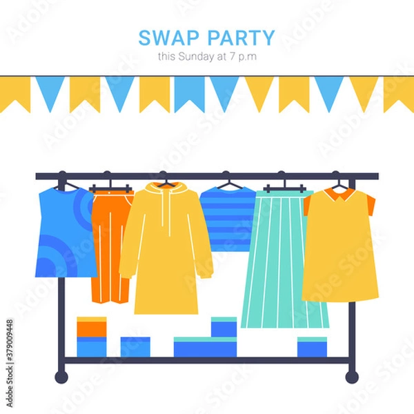 Fototapeta Fashion swap party clothes banner with text. Swap party woman's clothes on hangers. Vector flat style illustration. Garage sale. Second life. Reduce and reuse concept.
