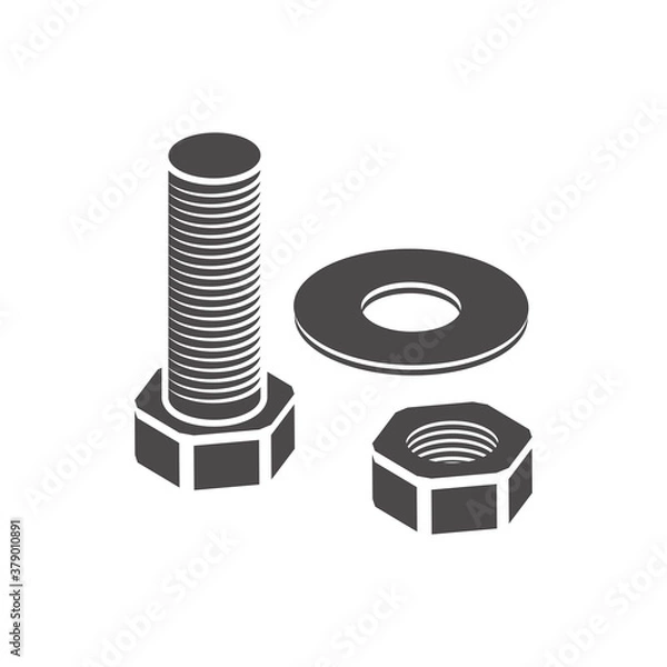 Fototapeta Stainless steel bolt and nut icon in flat style.Vector illustration.