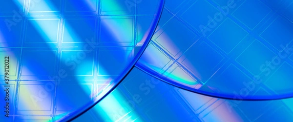 Fototapeta Macro of blue silicon wafer with microchips. Banner format.