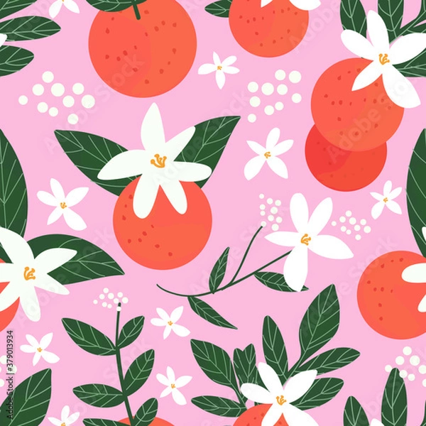 Obraz Vector oranges background. Vector fruit seamless pattern. Vector orange pattern. Vector orange flowers pattern. Seamless fruits pattern .