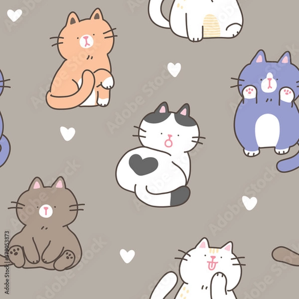 Fototapeta Seamless Pattern with Cute Cartoon Cat and White Heart Design on Brown Background 
