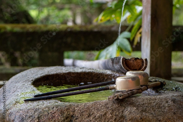 Obraz 手水鉢の柄杓と流れる水