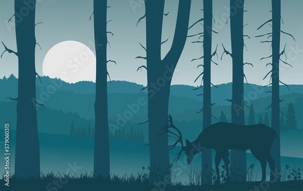 Fototapeta Wektor natura krajobraz z niebieskimi mglistymi sylwetkami lasów i wzgórz, jelenie