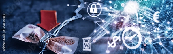 Fototapeta Business concept. The depreciation of the national currency. Bill with the inscription "5000 thousand rubles". Inflation and stagnation. Tighten russian bill with measuring chain.