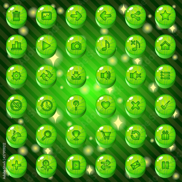 Obraz Buttons and icon set design for game or web theme is green. Premium Vector illustration.