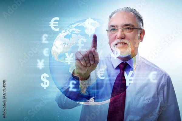 Fototapeta Global money transfer and exchange concept with businessman