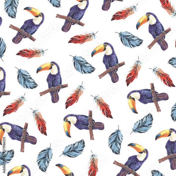 Fototapeta Watercolor pattern with parrots