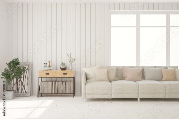 Obraz White living room with sofa. Scandinavian interior design. 3D illustration