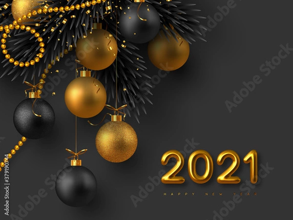 Fototapeta 2021 New Year sign. Realistic 3d golden metallic numbers, glitter balls, fir-tree branches and golden beads with tinsel. Christmas background. Vector illustration.