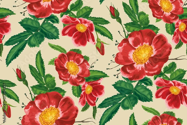 Fototapeta Seamless pattern with realistic red rosehip flowers. Light background. Abstract composition. Imitation of watercolor.