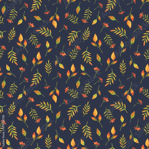 Fototapeta Clusters of autumn red berries and fallen leaves. Seamless pattern with watercolor illustrations on a dark blue background. Small print for fabric, textile, paper designs. Stock ornament with plants