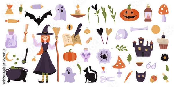 Fototapeta Big vector set of Halloween characters. Scrapbook elements on textured background. Vector illustration with a witch, cauldron, ghosts and pumpkins. Design elements for social media decoration
