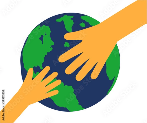 Fototapeta An adult's hand and a child's hand on the background of the planet Earth. Cartoon. Vector illustration.