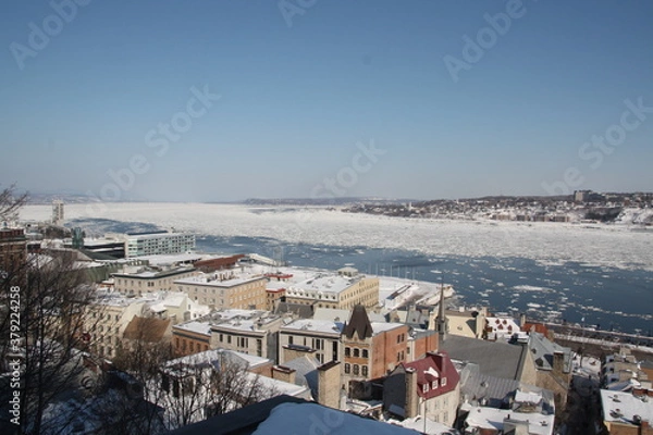 Fototapeta View on Quebec city, panorama of st Lawrence river, from Frontenac Castle in Old Quebec city, Canada.