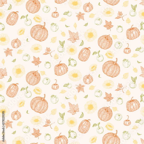 Fototapeta Autumn harvest, apples, pumpkins, sunflowers and leaves are hand draw, doodle sketch style. Fall Floral color seamless pattern, vector isolated.