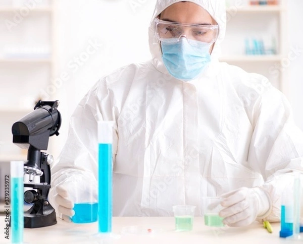 Fototapeta Young chemist student working in lab on chemicals