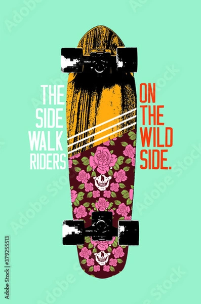 Obraz Vector illustration of skateboard with floral print with skulls.
