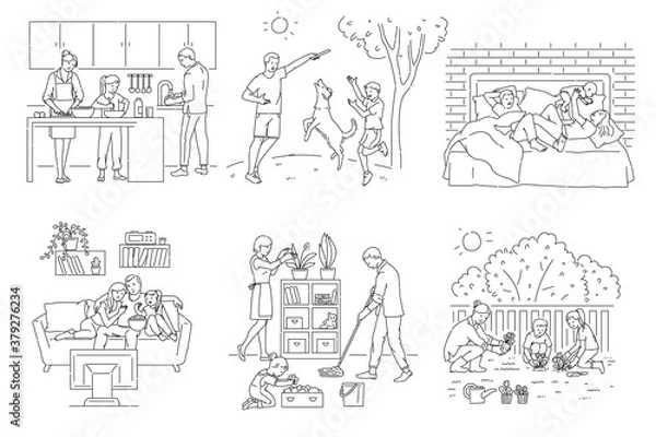 Fototapeta Family home activity set - cartoon parents and children working and relaxing