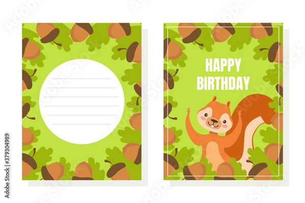 Fototapeta Zadowolony urodziny zaproszenie lub szablon karty z pozdrowieniami z ilustracji wektorowych znaków ładny zabawny wiewiórka