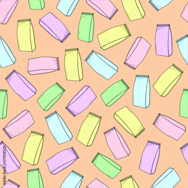 Fototapeta Cartoon milk bags or coffee packages seamless pattern template with outlines. Vector illustration on pastel orange background for games, wallpaper, decor. Print for fabrics and other surfaces.