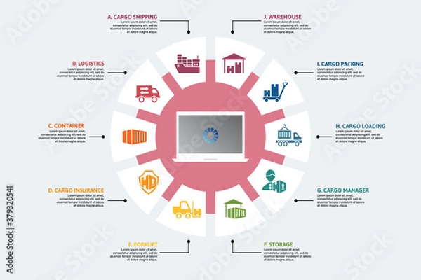 Fototapeta Infographic Cargo template. Icons in different colors. Include Cargo Shipping, Logistics, Container, Cargo Insurance and others.