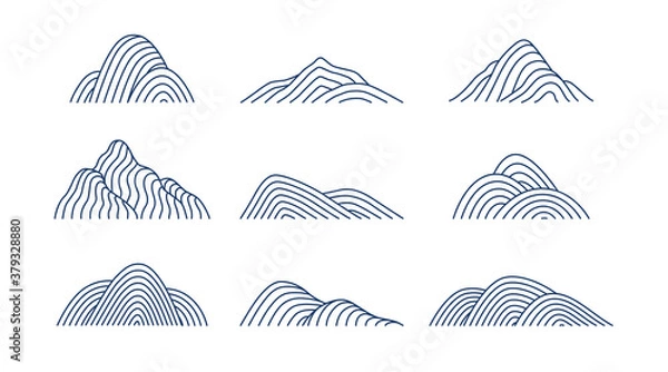 Fototapeta Collection of mountain shapes icons isolated on white background. Line art design. Vector flat illustration. 