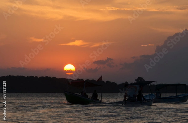 Fototapeta lake view and red sunset