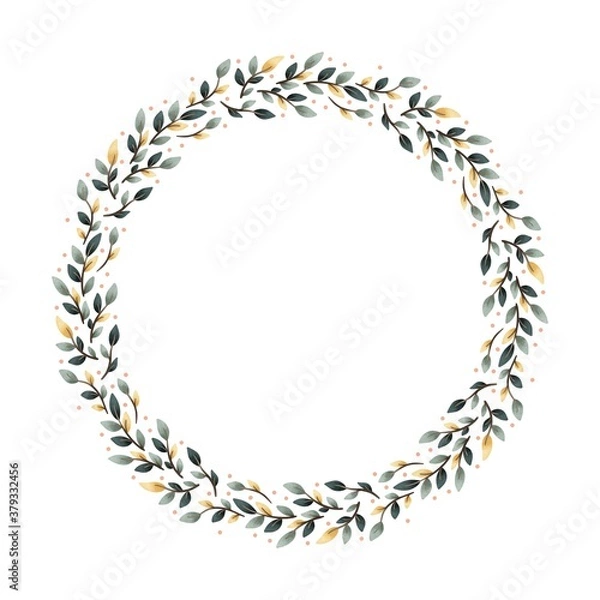 Fototapeta Watercolor digital illustration. Botanical wreath of green branches and leaves with flowers and polka dots. Floral Design elements.
