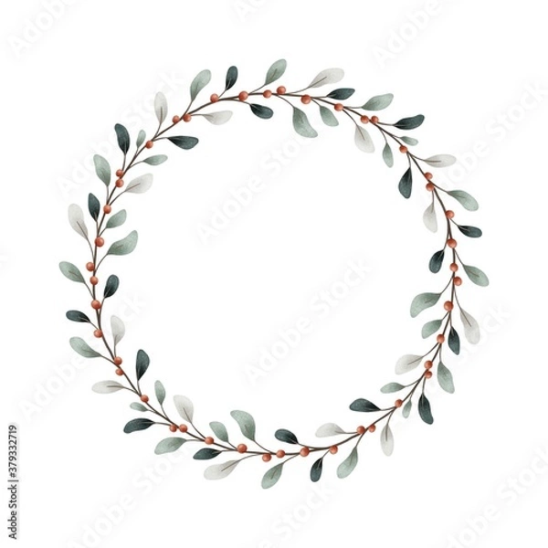 Fototapeta Watercolor digital illustration. Botanical wreath of green branches and leaves with flowers and polka dots. Floral Design elements.