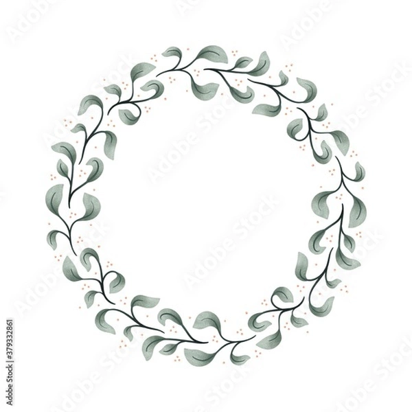 Fototapeta Watercolor digital illustration. Botanical wreath of green branches and leaves with flowers and polka dots. Floral Design elements.